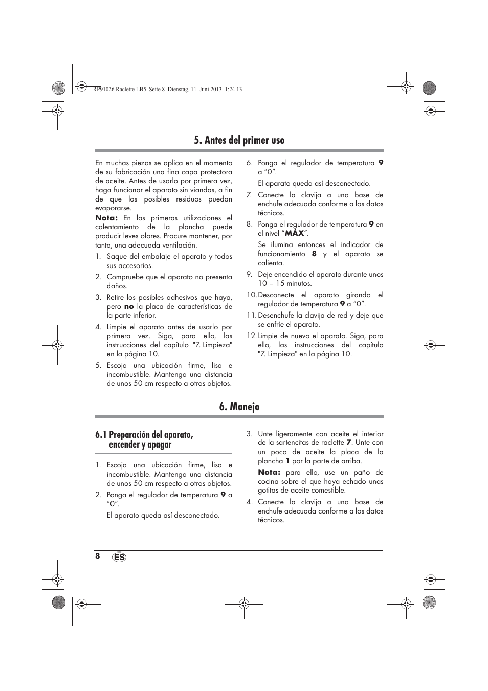 Antes del primer uso, Manejo, 1 preparación del aparato, encender y apagar | Silvercrest SRG 1200 A2 User Manual | Page 10 / 54