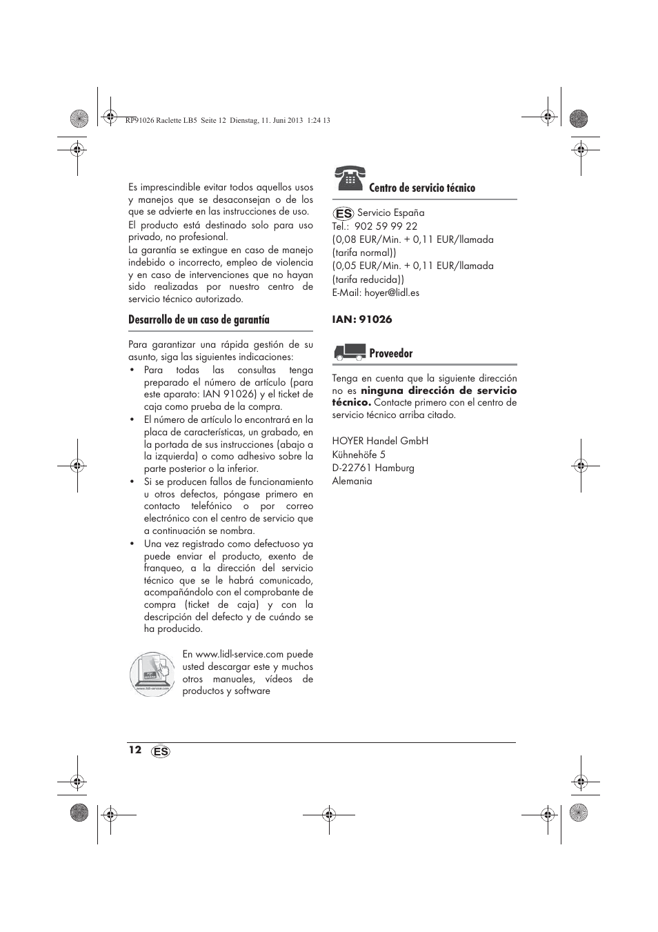 Desarrollo de un caso de garantía, Centro de servicio técnico, Proveedor | Silvercrest SRG 1200 A2 User Manual | Page 14 / 54