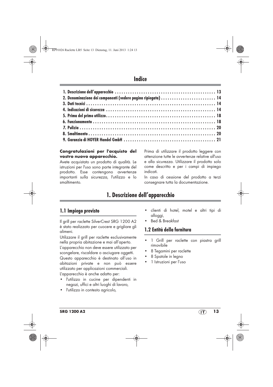 Indice, Descrizione dell’apparecchio, 1 impiego previsto | 2 entità della fornitura | Silvercrest SRG 1200 A2 User Manual | Page 15 / 54