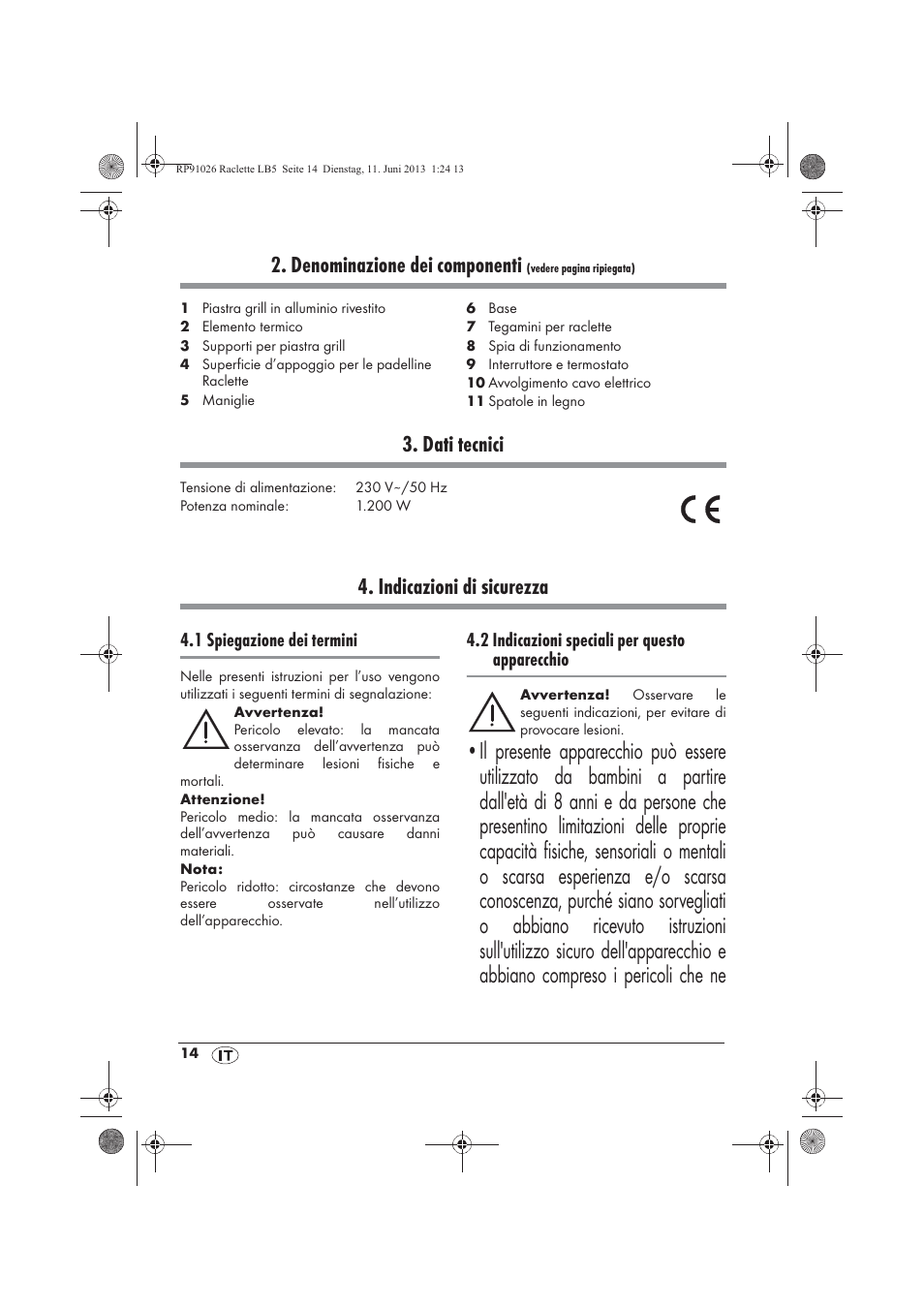 Denominazione dei componenti, Dati tecnici, Indicazioni di sicurezza | Silvercrest SRG 1200 A2 User Manual | Page 16 / 54