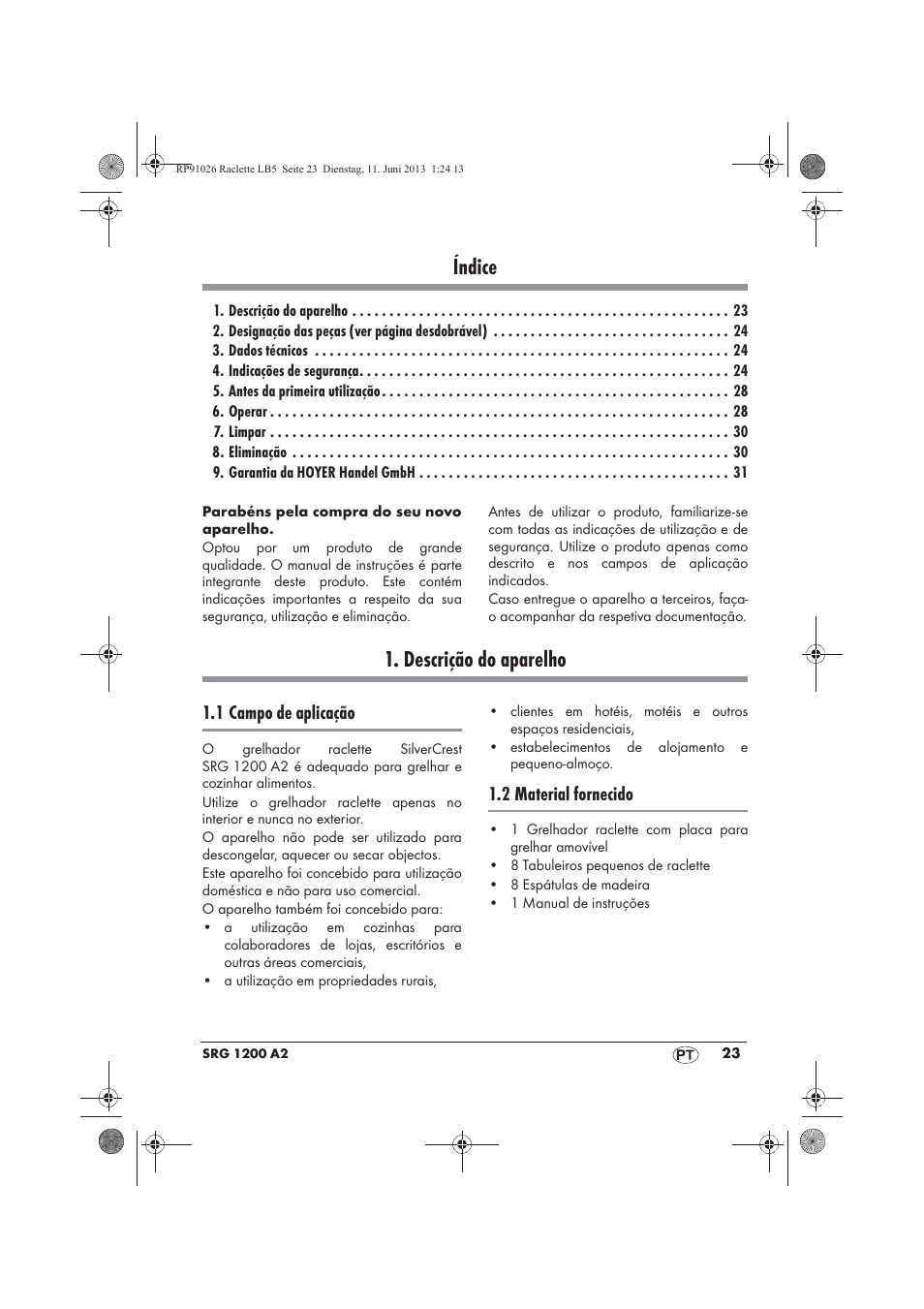 Índice, Descrição do aparelho, 1 campo de aplicação | 2 material fornecido | Silvercrest SRG 1200 A2 User Manual | Page 25 / 54
