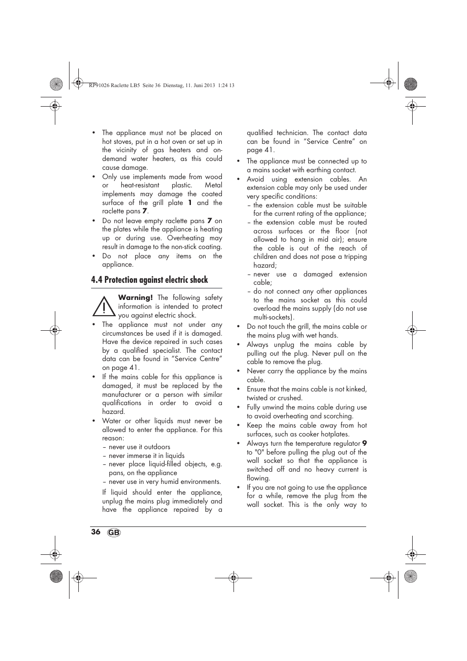 4 protection against electric shock | Silvercrest SRG 1200 A2 User Manual | Page 38 / 54