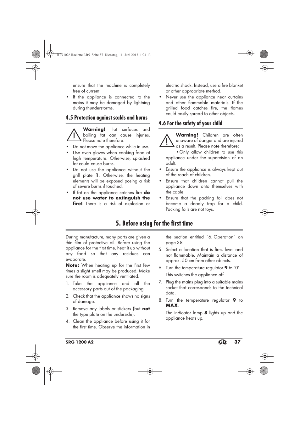 Before using for the first time, 5 protection against scalds and burns, 6 for the safety of your child | Silvercrest SRG 1200 A2 User Manual | Page 39 / 54