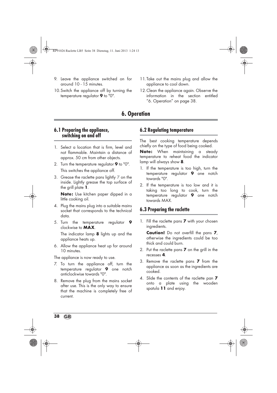 Operation, 1 preparing the appliance, switching on and off, 2 regulating temperature | 3 preparing the raclette | Silvercrest SRG 1200 A2 User Manual | Page 40 / 54