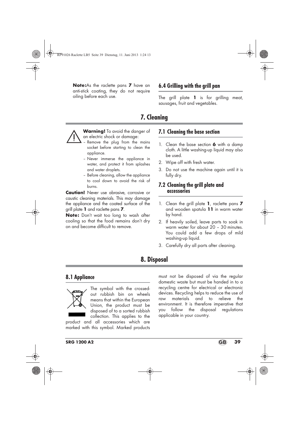 Cleaning, Disposal, 4 grilling with the grill pan | 2 cleaning the grill plate and accessories, 1 appliance | Silvercrest SRG 1200 A2 User Manual | Page 41 / 54