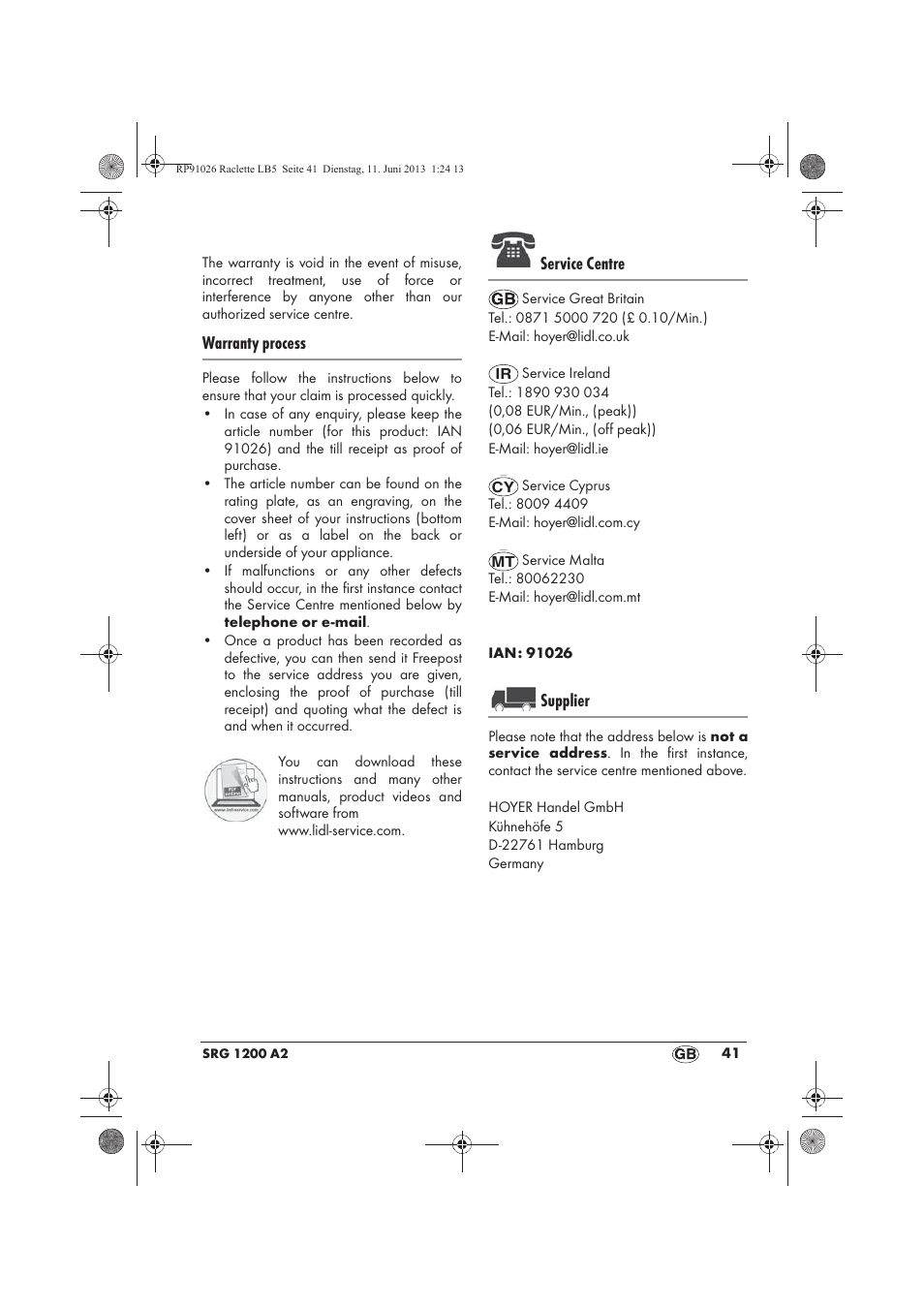 Warranty process, Service centre, Supplier | Silvercrest SRG 1200 A2 User Manual | Page 43 / 54