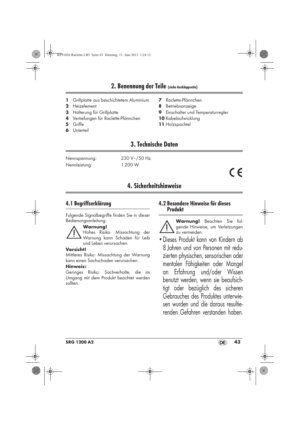 Benennung der teile, Technische daten, Sicherheitshinweise | Silvercrest SRG 1200 A2 User Manual | Page 45 / 54