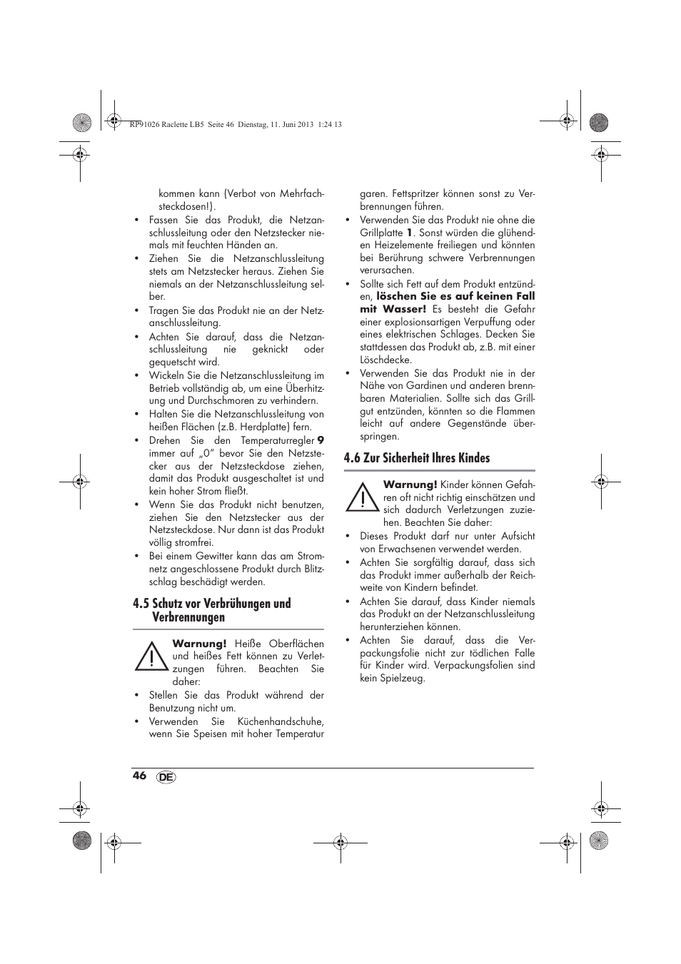 5 schutz vor verbrühungen und verbrennungen, 6 zur sicherheit ihres kindes | Silvercrest SRG 1200 A2 User Manual | Page 48 / 54