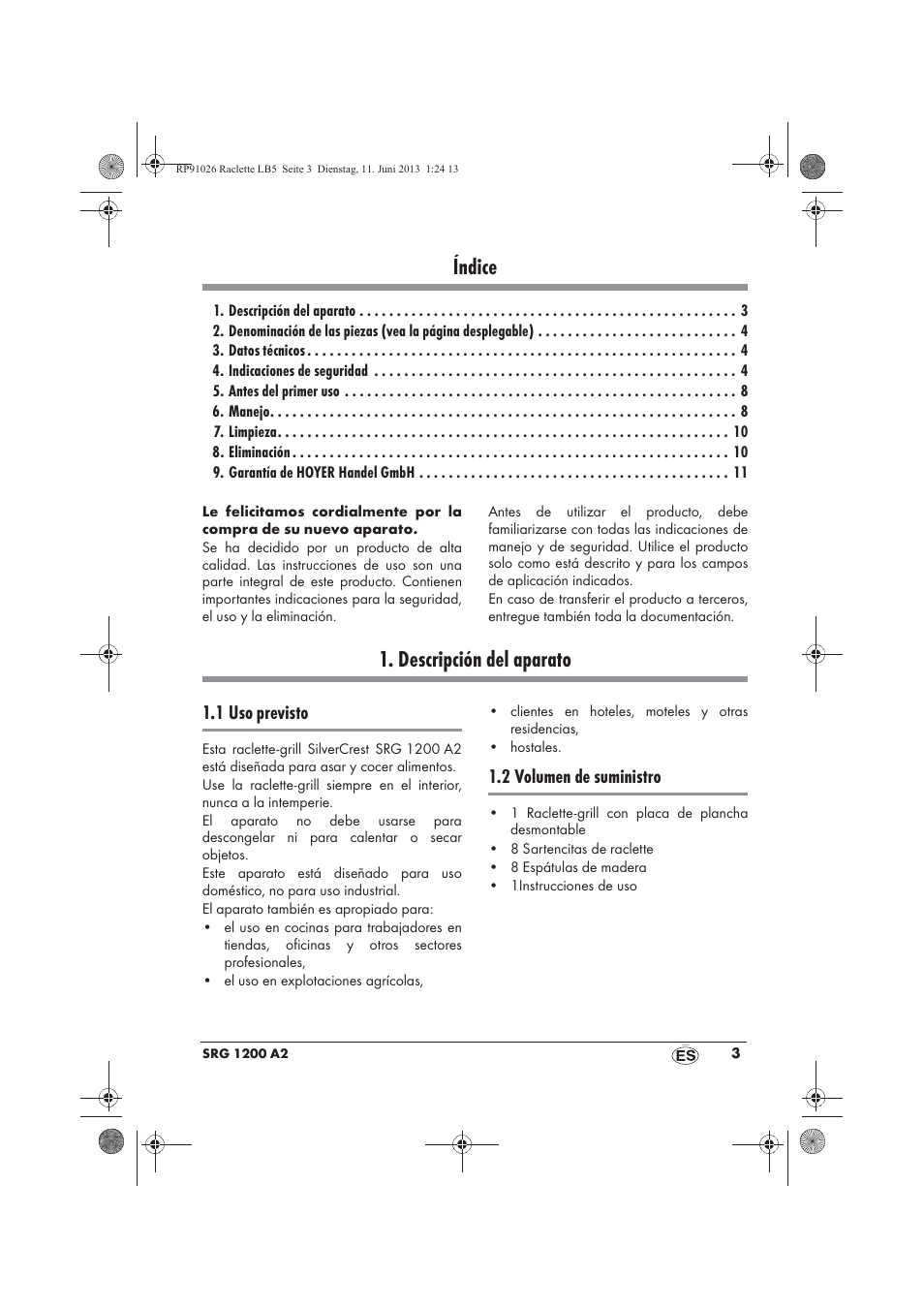 Índice, Descripción del aparato, 1 uso previsto | 2 volumen de suministro | Silvercrest SRG 1200 A2 User Manual | Page 5 / 54