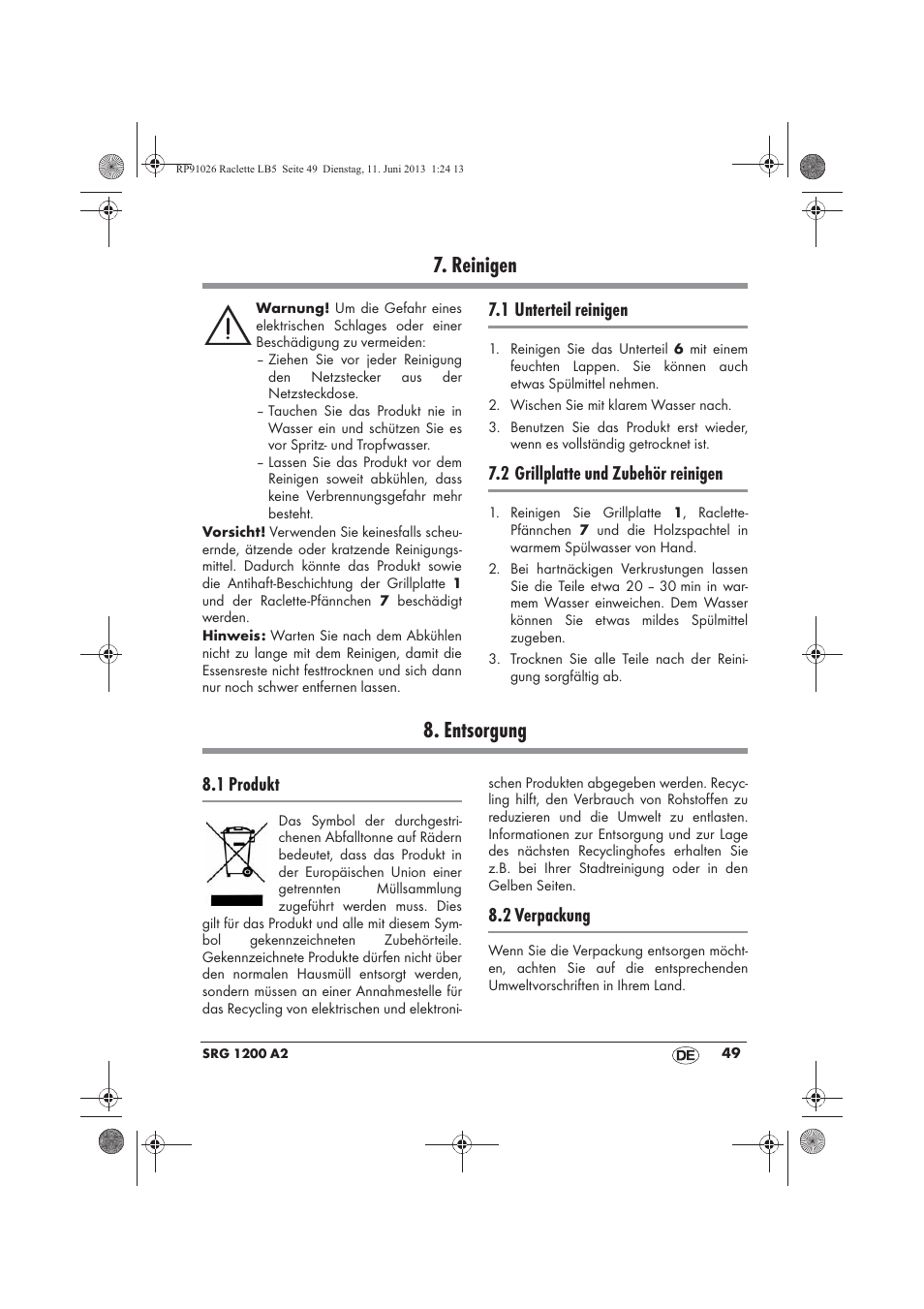 Reinigen, Entsorgung, 1 unterteil reinigen | 2 grillplatte und zubehör reinigen, 1 produkt, 2 verpackung | Silvercrest SRG 1200 A2 User Manual | Page 51 / 54