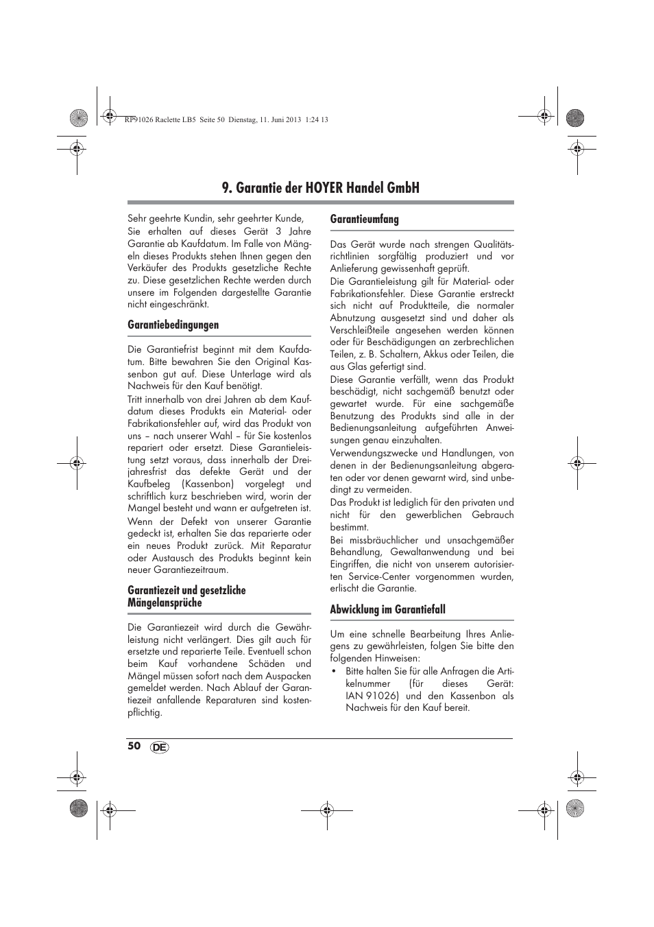 Garantie der hoyer handel gmbh | Silvercrest SRG 1200 A2 User Manual | Page 52 / 54