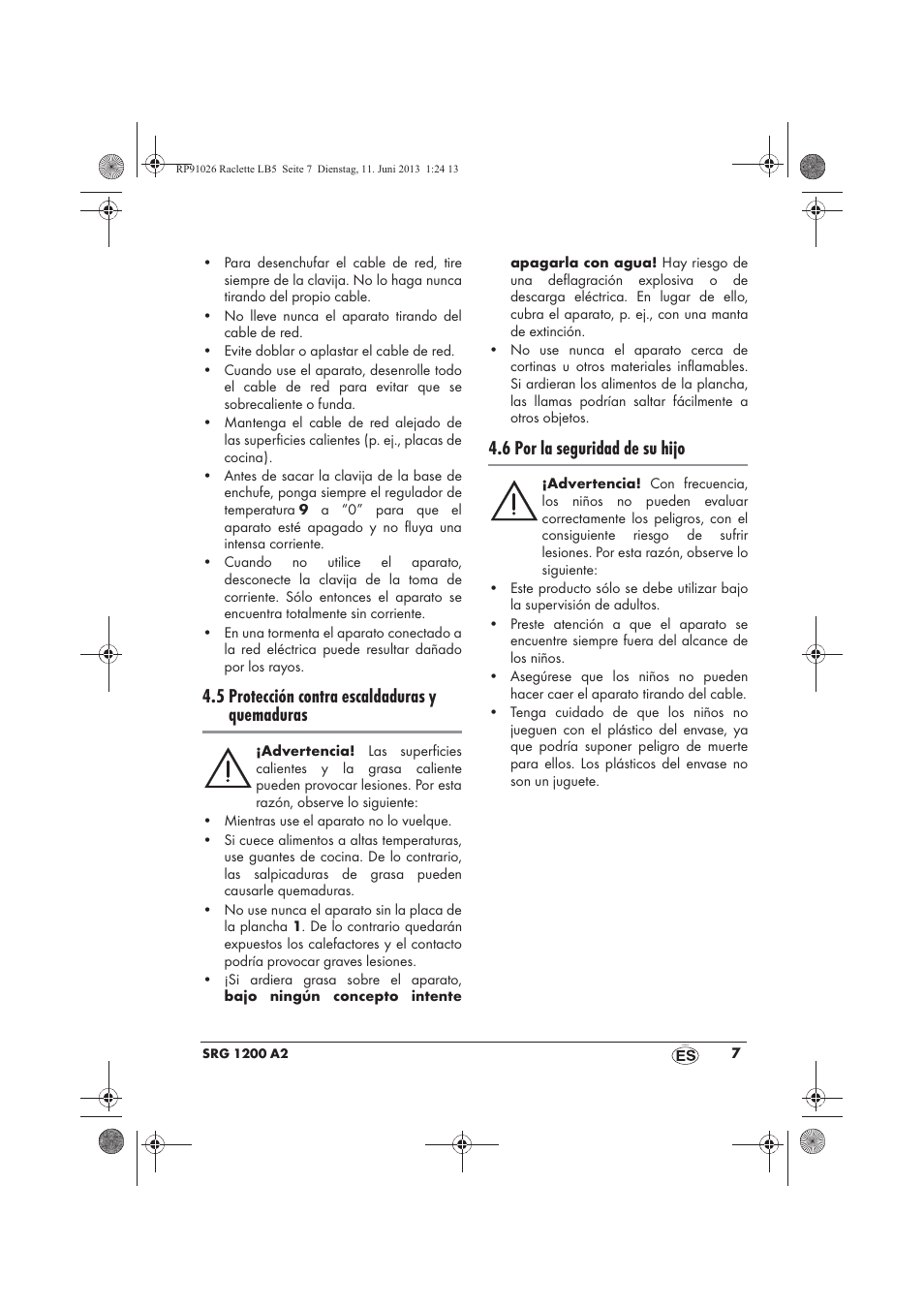 5 protección contra escaldaduras y quemaduras, 6 por la seguridad de su hijo | Silvercrest SRG 1200 A2 User Manual | Page 9 / 54