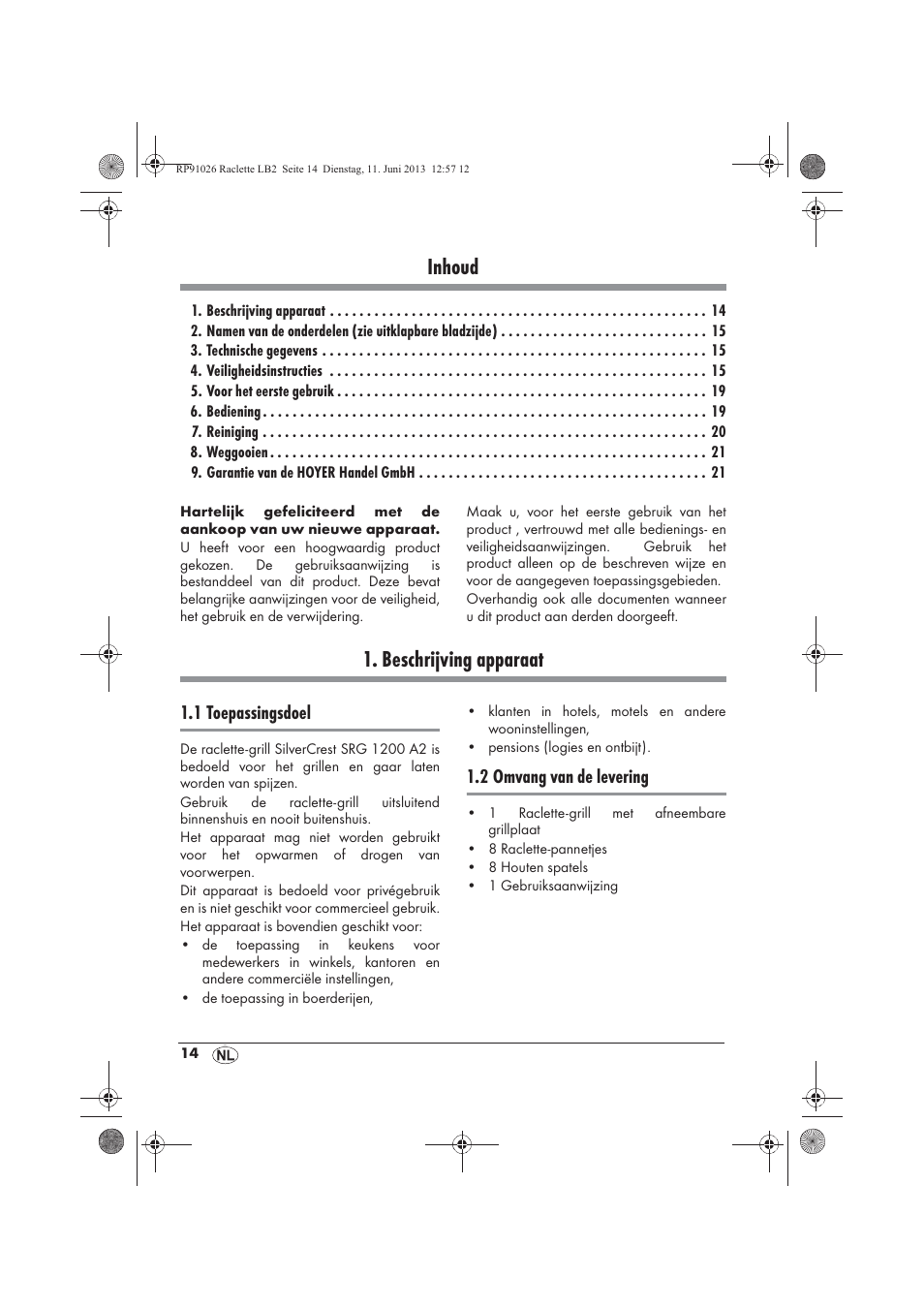 Inhoud, Beschrijving apparaat, 1 toepassingsdoel | 2 omvang van de levering | Silvercrest SRG 1200 A2 User Manual | Page 16 / 46