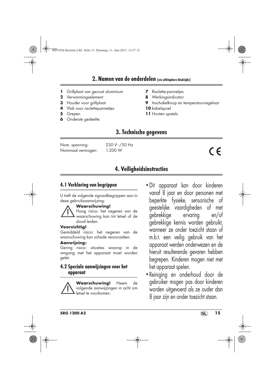 Namen van de onderdelen, Technische gegevens, Veiligheidsinstructies | Silvercrest SRG 1200 A2 User Manual | Page 17 / 46