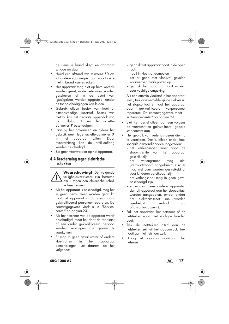 4 bescherming tegen elektrische schokken | Silvercrest SRG 1200 A2 User Manual | Page 19 / 46