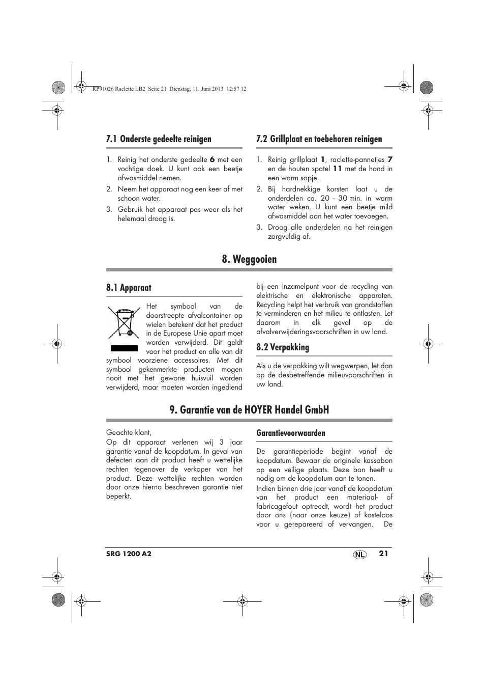 Weggooien, Garantie van de hoyer handel gmbh, 1 onderste gedeelte reinigen | 2 grillplaat en toebehoren reinigen, 1 apparaat, 2 verpakking | Silvercrest SRG 1200 A2 User Manual | Page 23 / 46
