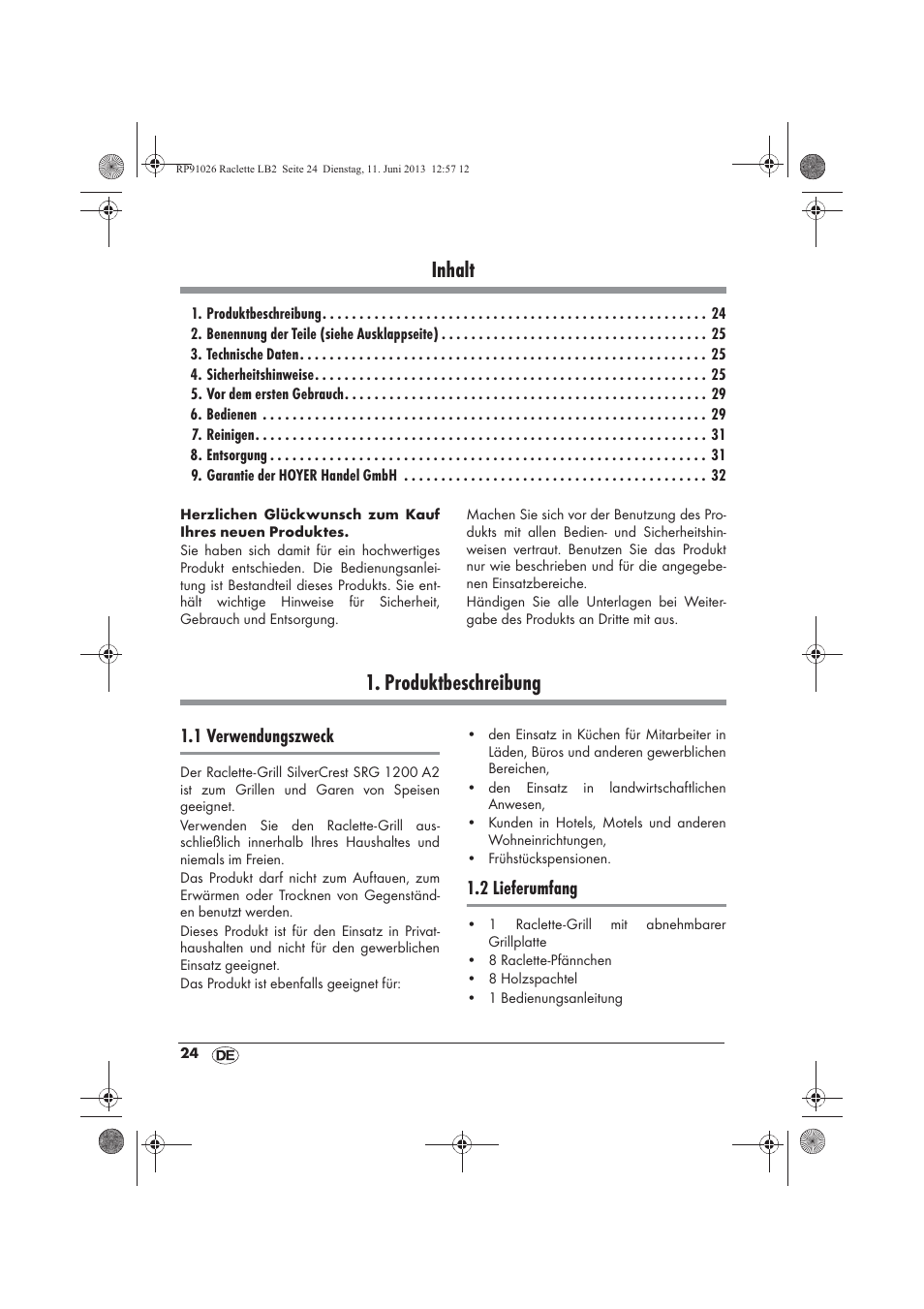 Inhalt, Produktbeschreibung, 1 verwendungszweck | 2 lieferumfang | Silvercrest SRG 1200 A2 User Manual | Page 26 / 46