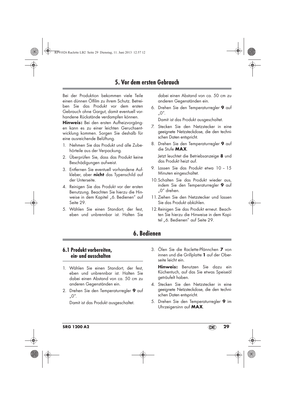 Vor dem ersten gebrauch, Bedienen, 1 produkt vorbereiten, ein- und ausschalten | Silvercrest SRG 1200 A2 User Manual | Page 31 / 46