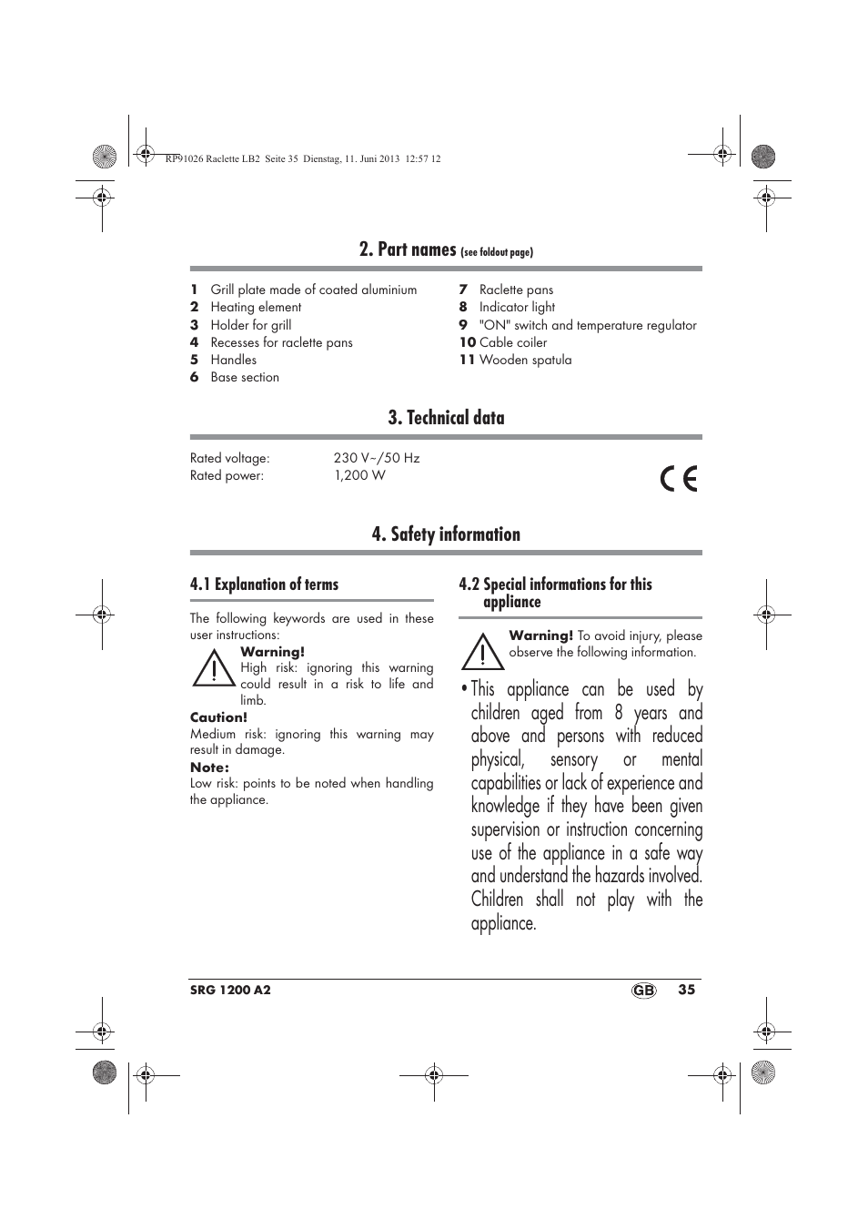 Part names, Technical data, Safety information | Silvercrest SRG 1200 A2 User Manual | Page 37 / 46