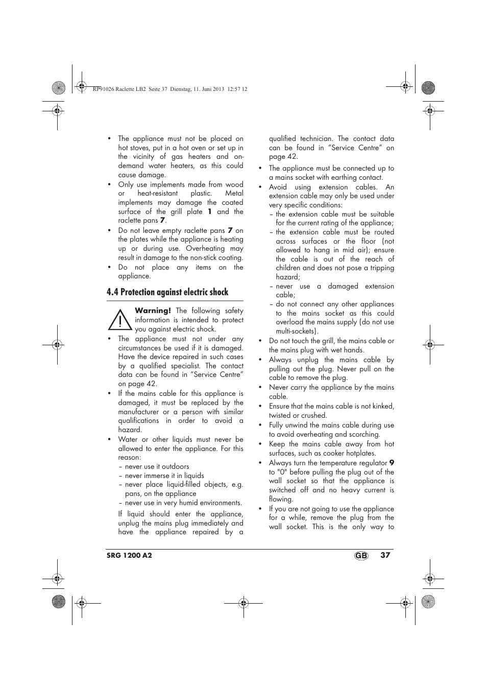 4 protection against electric shock | Silvercrest SRG 1200 A2 User Manual | Page 39 / 46
