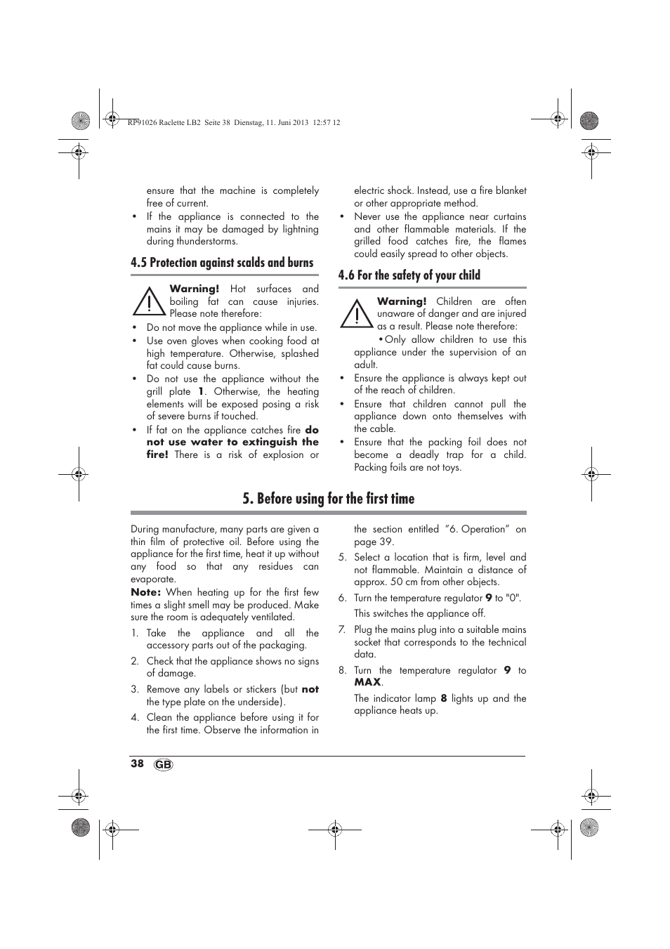 Before using for the first time, 5 protection against scalds and burns, 6 for the safety of your child | Silvercrest SRG 1200 A2 User Manual | Page 40 / 46