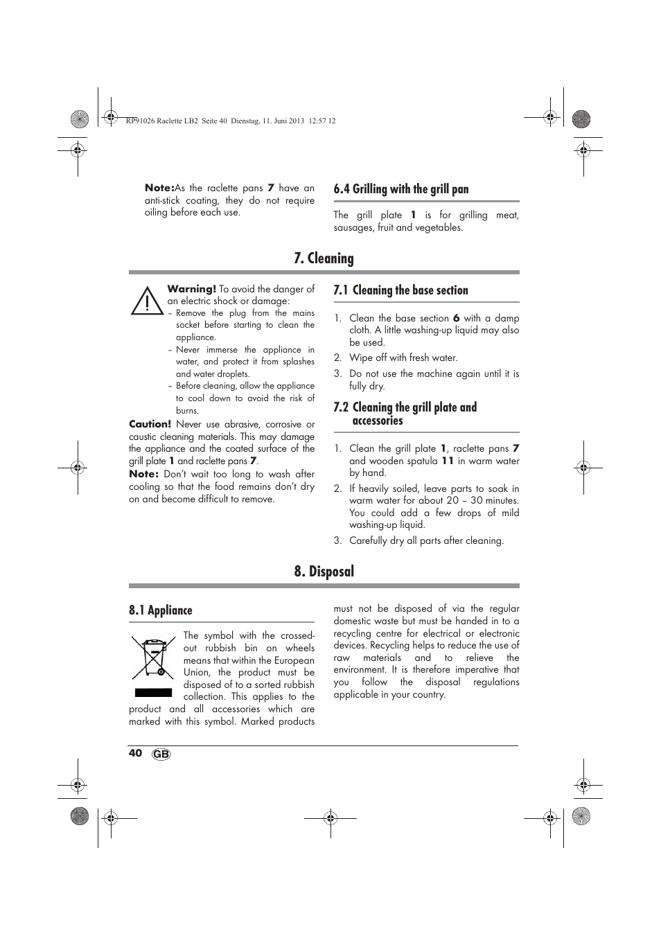 Cleaning, Disposal, 4 grilling with the grill pan | 2 cleaning the grill plate and accessories, 1 appliance | Silvercrest SRG 1200 A2 User Manual | Page 42 / 46