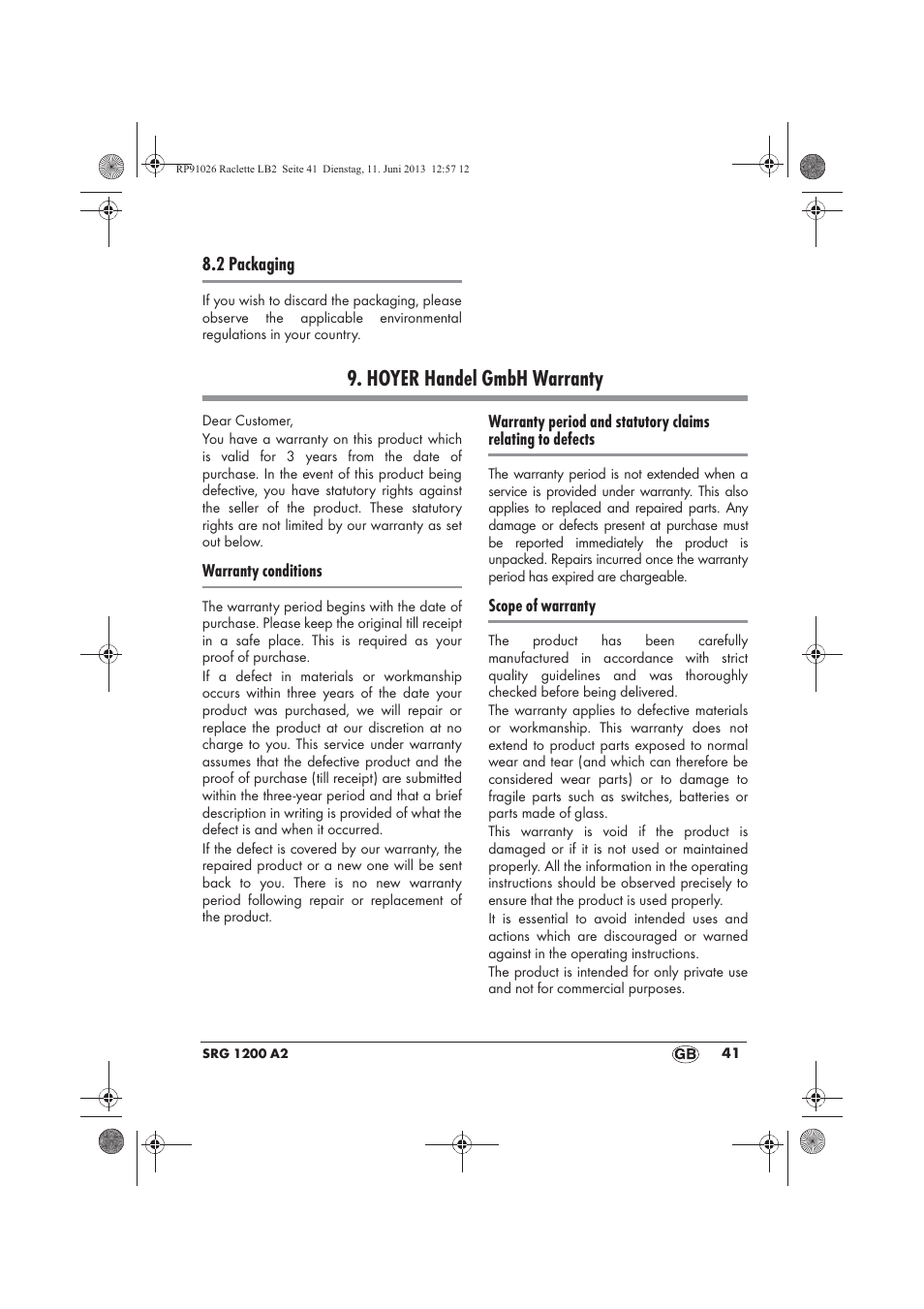 Hoyer handel gmbh warranty | Silvercrest SRG 1200 A2 User Manual | Page 43 / 46