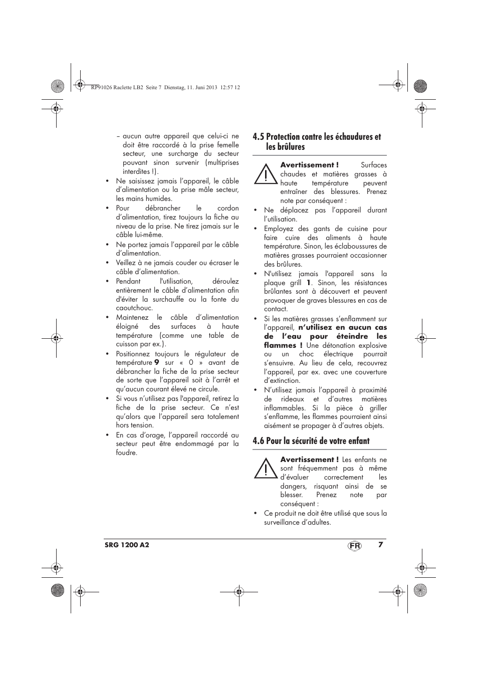 5 protection contre les échaudures et les brûlures, 6 pour la sécurité de votre enfant | Silvercrest SRG 1200 A2 User Manual | Page 9 / 46