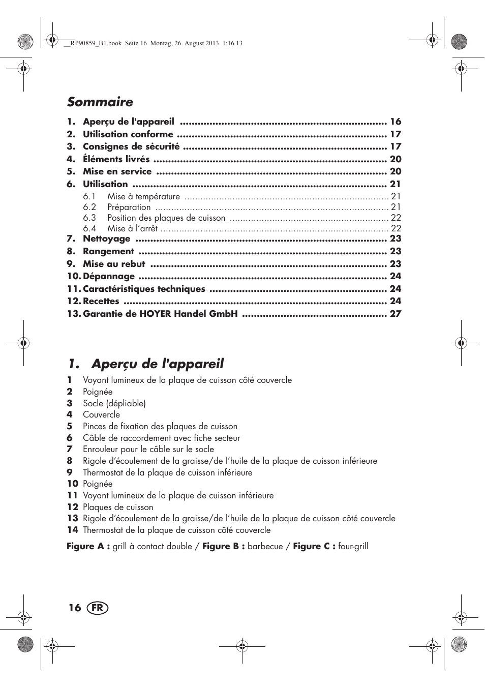 Sommaire, Aperçu de l'appareil | Silvercrest SKG 1700 A1 User Manual | Page 18 / 70