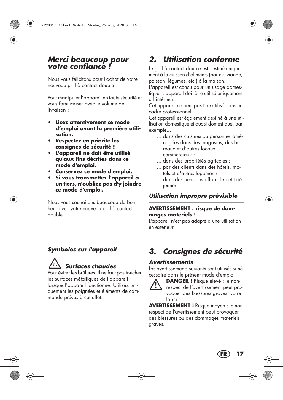 Merci beaucoup pour votre confiance, Utilisation conforme, Consignes de sécurité | Silvercrest SKG 1700 A1 User Manual | Page 19 / 70