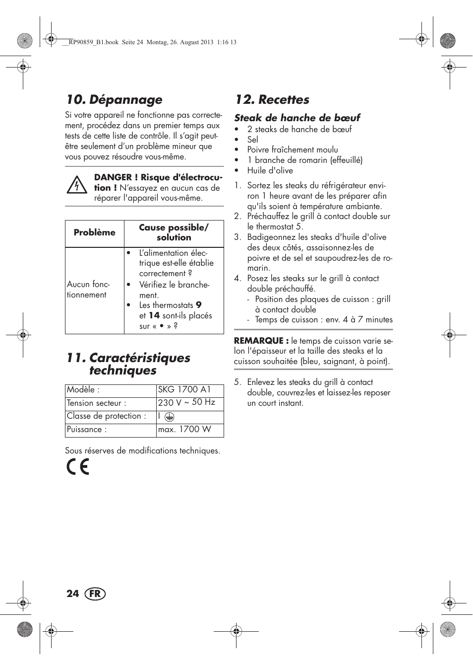 Dépannage, Caractéristiques techniques, Recettes | Silvercrest SKG 1700 A1 User Manual | Page 26 / 70