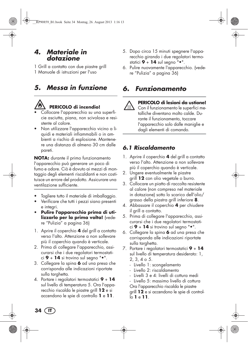 Materiale in dotazione, Messa in funzione, Funzionamento | Silvercrest SKG 1700 A1 User Manual | Page 36 / 70