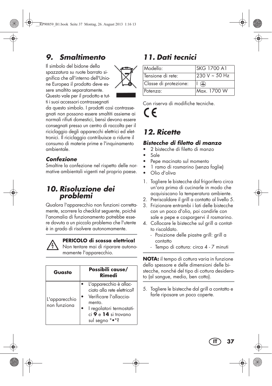 Smaltimento, Risoluzione dei problemi, Dati tecnici | Ricette | Silvercrest SKG 1700 A1 User Manual | Page 39 / 70
