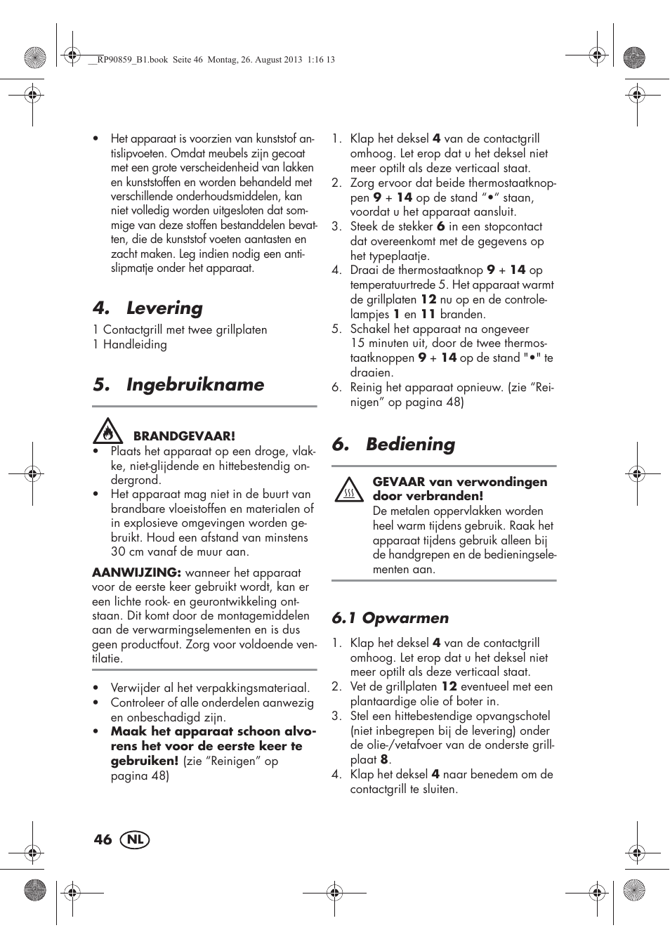 Levering, Ingebruikname, Bediening | Silvercrest SKG 1700 A1 User Manual | Page 48 / 70