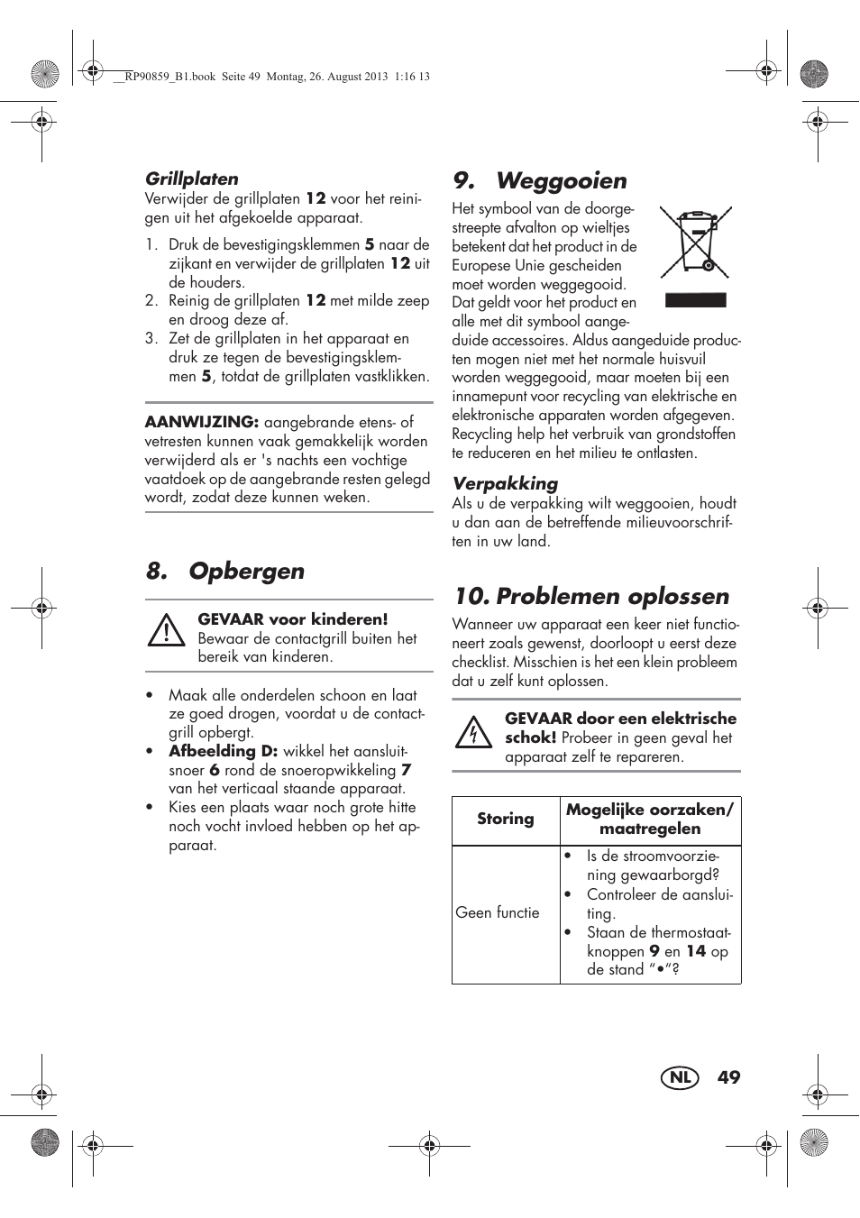 Opbergen, Weggooien, Problemen oplossen | Silvercrest SKG 1700 A1 User Manual | Page 51 / 70