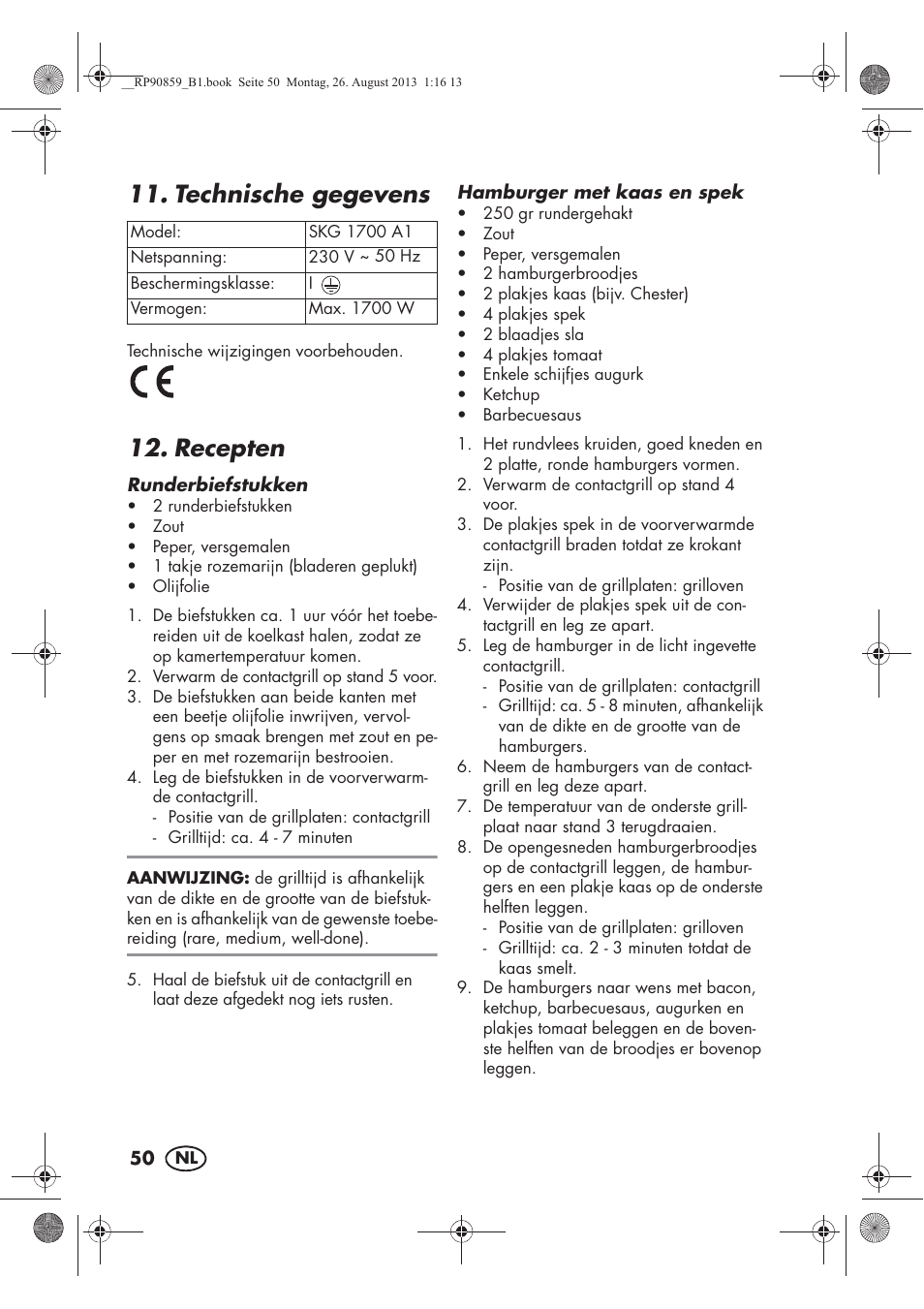 Technische gegevens, Recepten | Silvercrest SKG 1700 A1 User Manual | Page 52 / 70