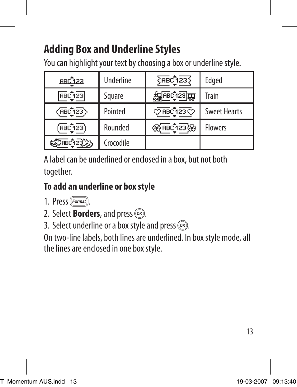 Adding box and underline styles | Dymo LETRATAG LT-100T User Manual | Page 13 / 26