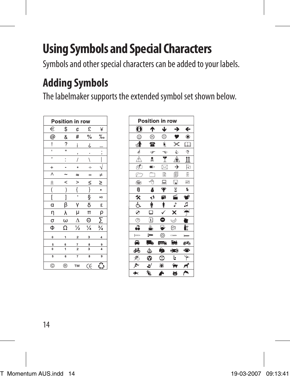 Using symbols and special characters, Adding symbols | Dymo LETRATAG LT-100T User Manual | Page 14 / 26
