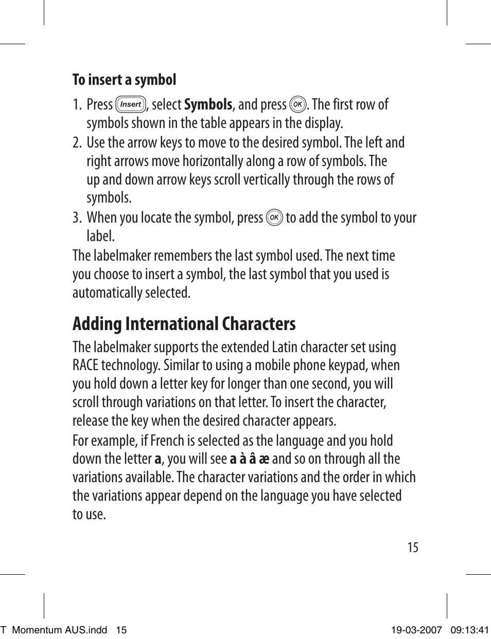 Adding international characters | Dymo LETRATAG LT-100T User Manual | Page 15 / 26