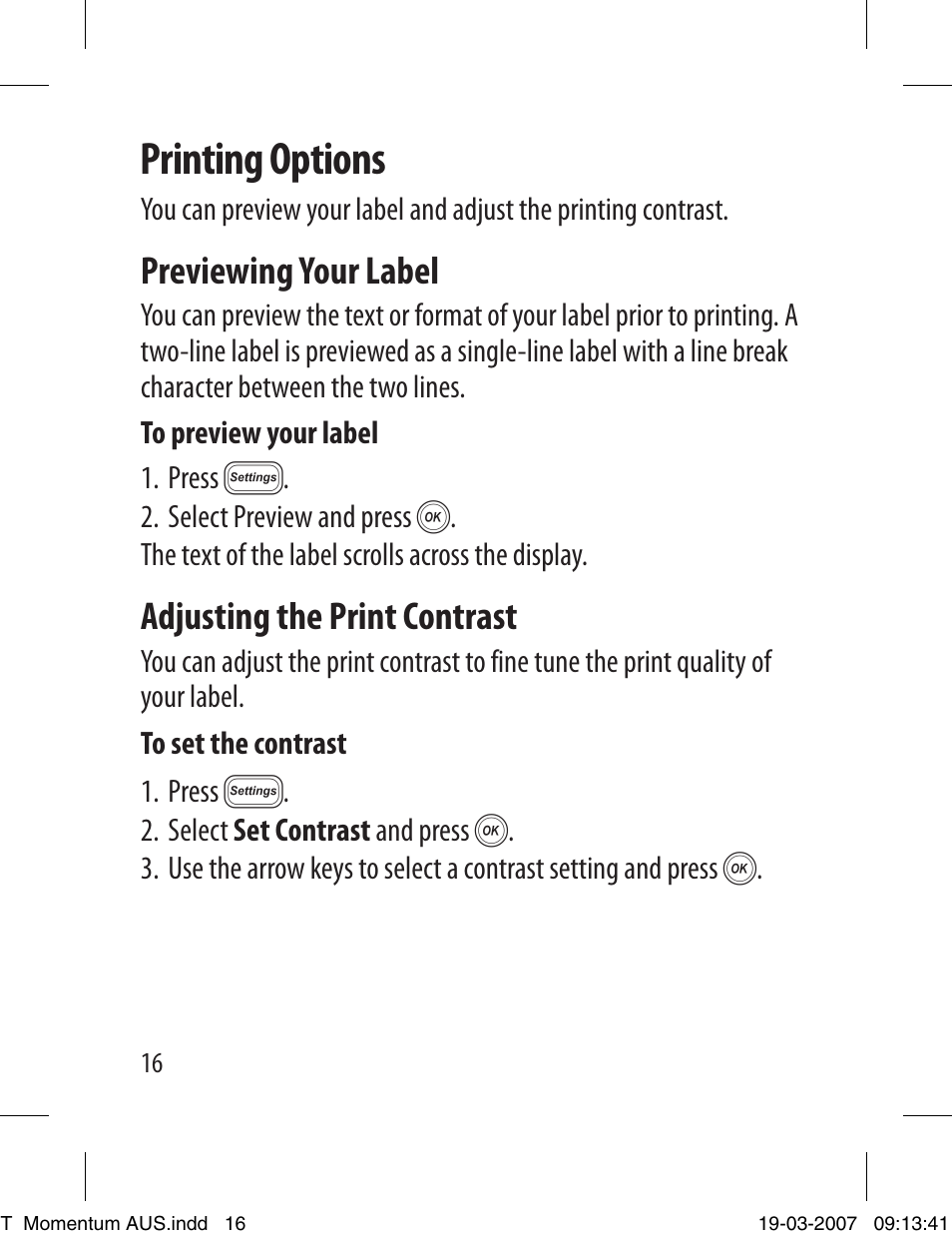 Printing options, Previewing your label, Adjusting the print contrast | Dymo LETRATAG LT-100T User Manual | Page 16 / 26