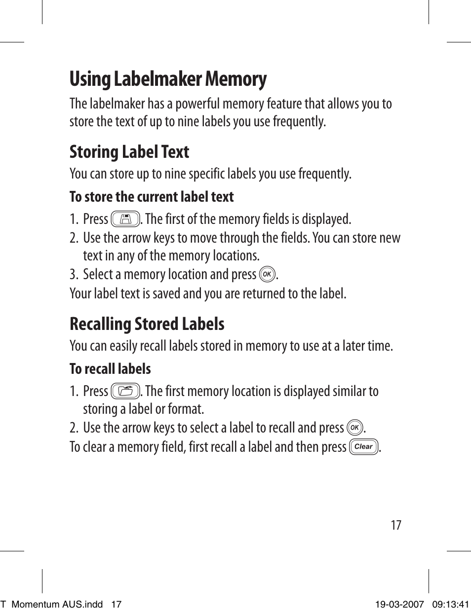 Storing label text, Recalling stored labels | Dymo LETRATAG LT-100T User Manual | Page 17 / 26