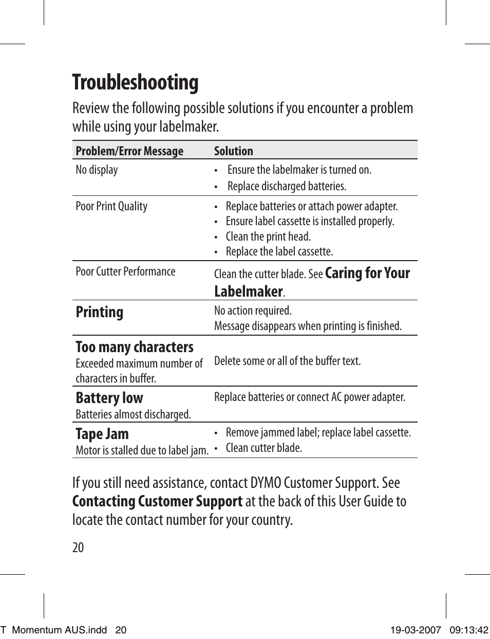 Troubleshooting, Caring for your labelmaker, Printing | Too many characters, Battery low, Tape jam | Dymo LETRATAG LT-100T User Manual | Page 20 / 26