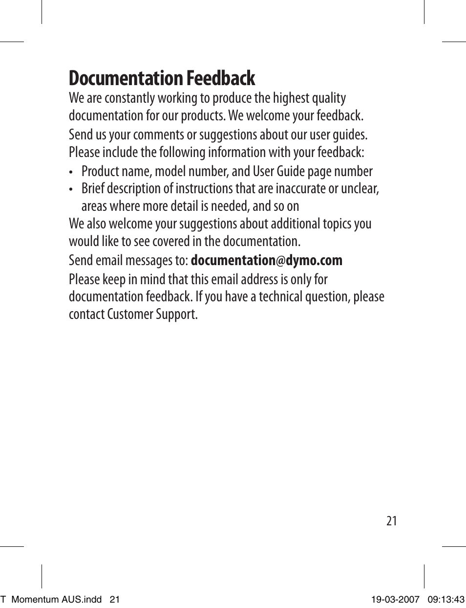 Documentation feedback | Dymo LETRATAG LT-100T User Manual | Page 21 / 26