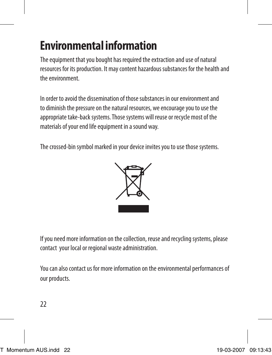 Environmental information | Dymo LETRATAG LT-100T User Manual | Page 22 / 26