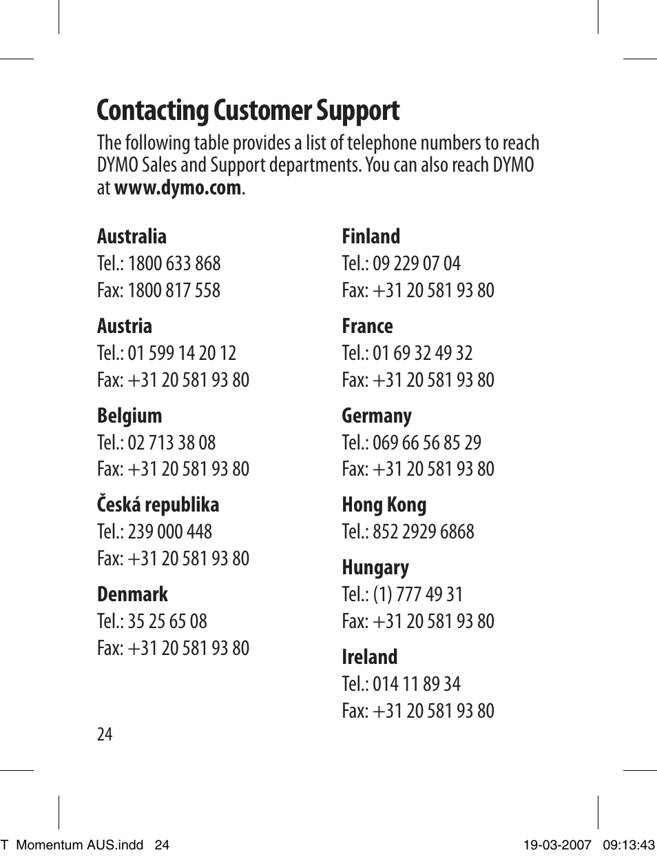 Contacting customer support | Dymo LETRATAG LT-100T User Manual | Page 24 / 26