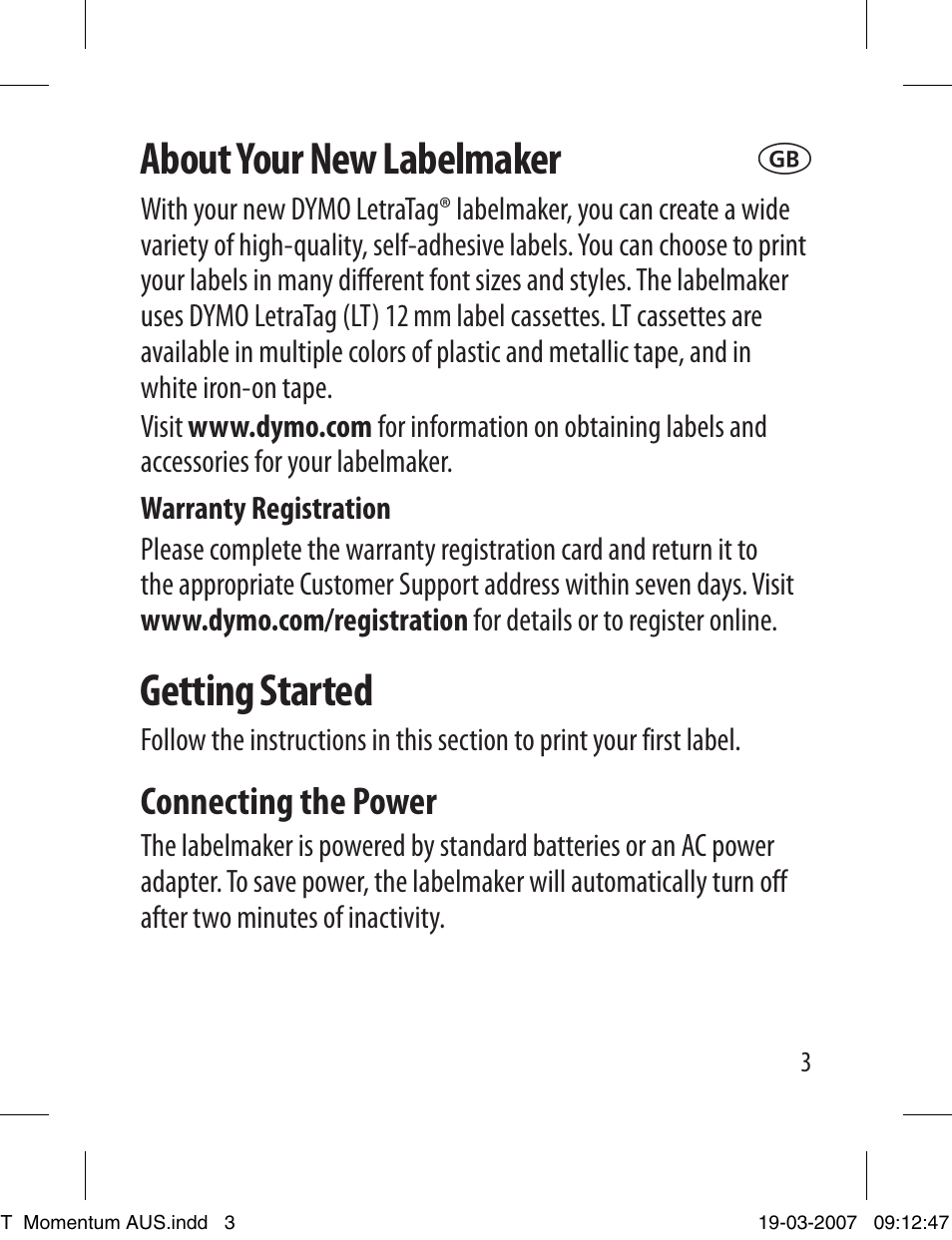 About your new labelmaker, Getting started, Connecting the power | Dymo LETRATAG LT-100T User Manual | Page 3 / 26