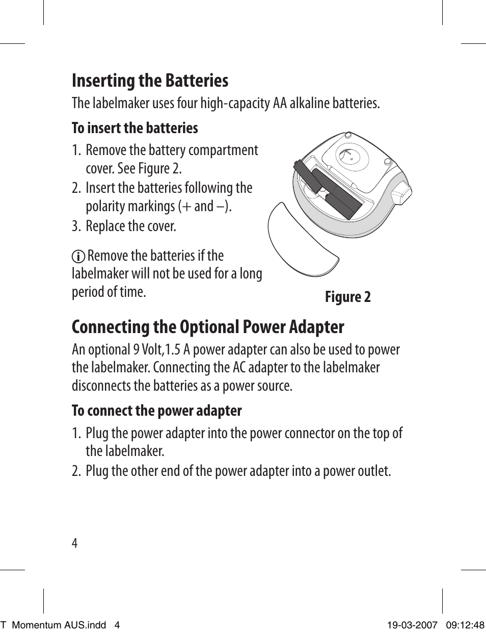 Inserting the batteries, Connecting the optional power adapter | Dymo LETRATAG LT-100T User Manual | Page 4 / 26