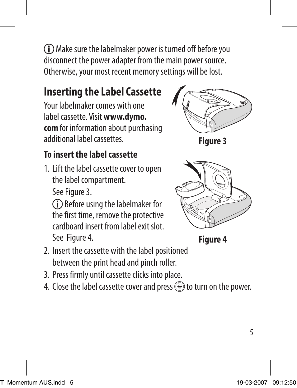 Inserting the label cassette | Dymo LETRATAG LT-100T User Manual | Page 5 / 26