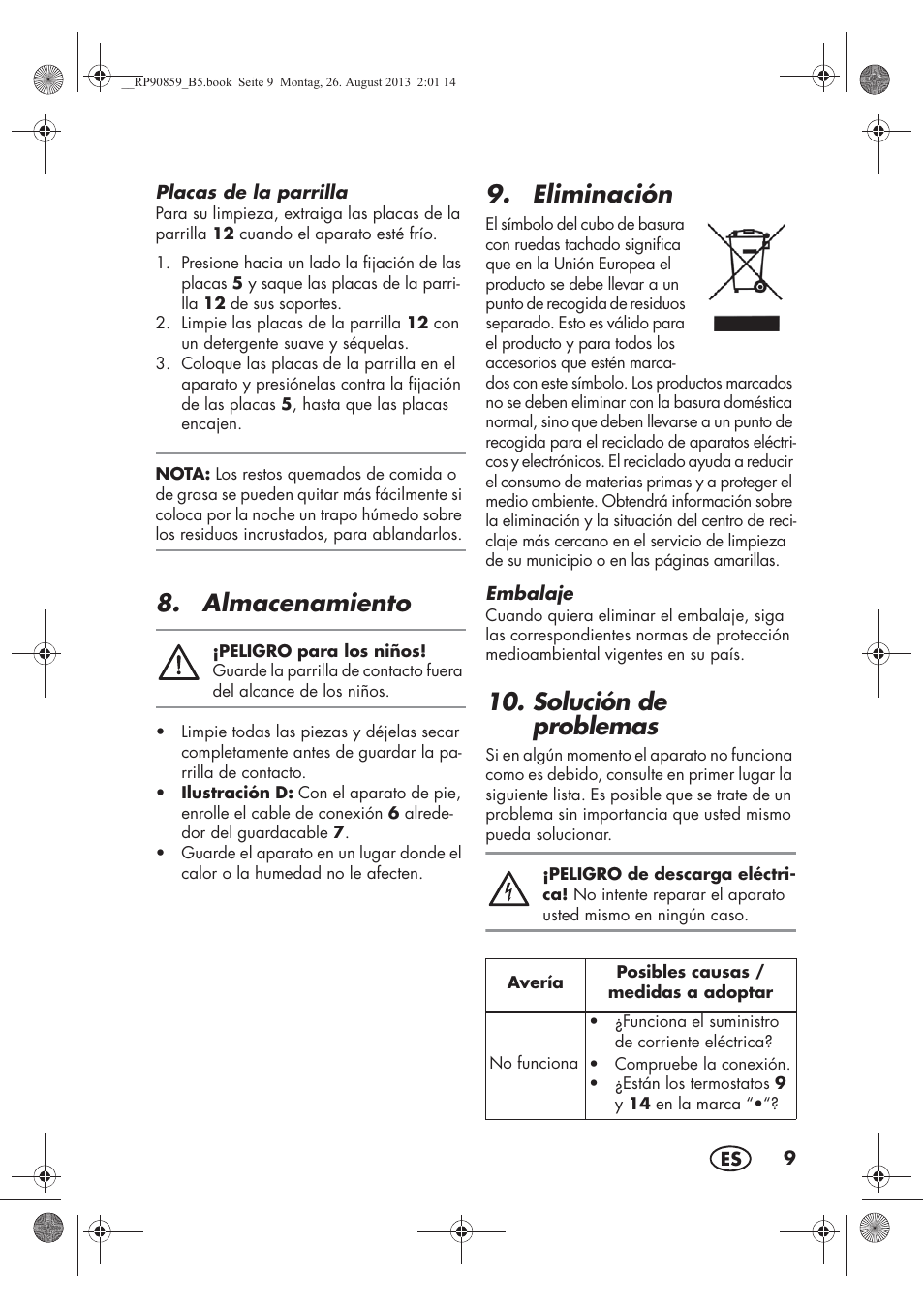 Almacenamiento, Eliminación, Solución de problemas | Silvercrest SKG 1700 A1 User Manual | Page 11 / 70