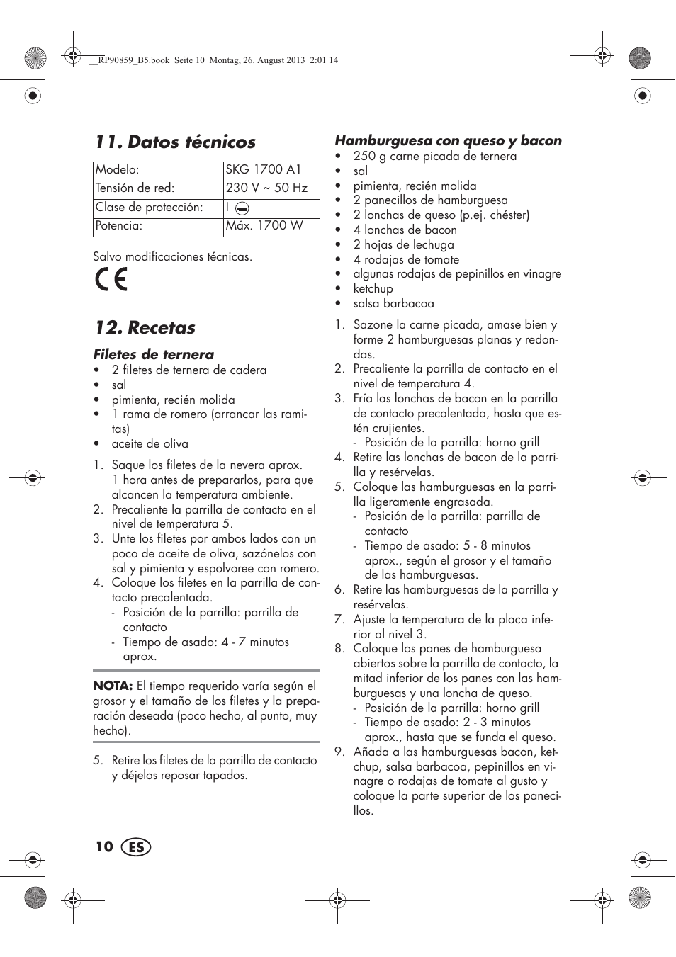 Datos técnicos, Recetas | Silvercrest SKG 1700 A1 User Manual | Page 12 / 70